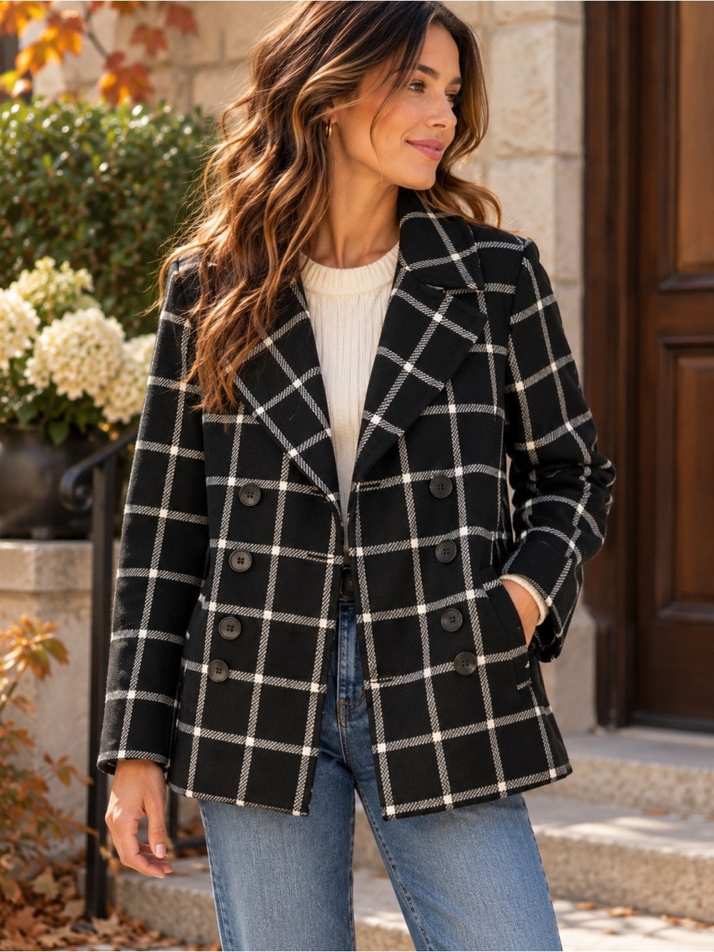 Larry Levine Black White Plaid Double Breasted Peacoat Jacket S
